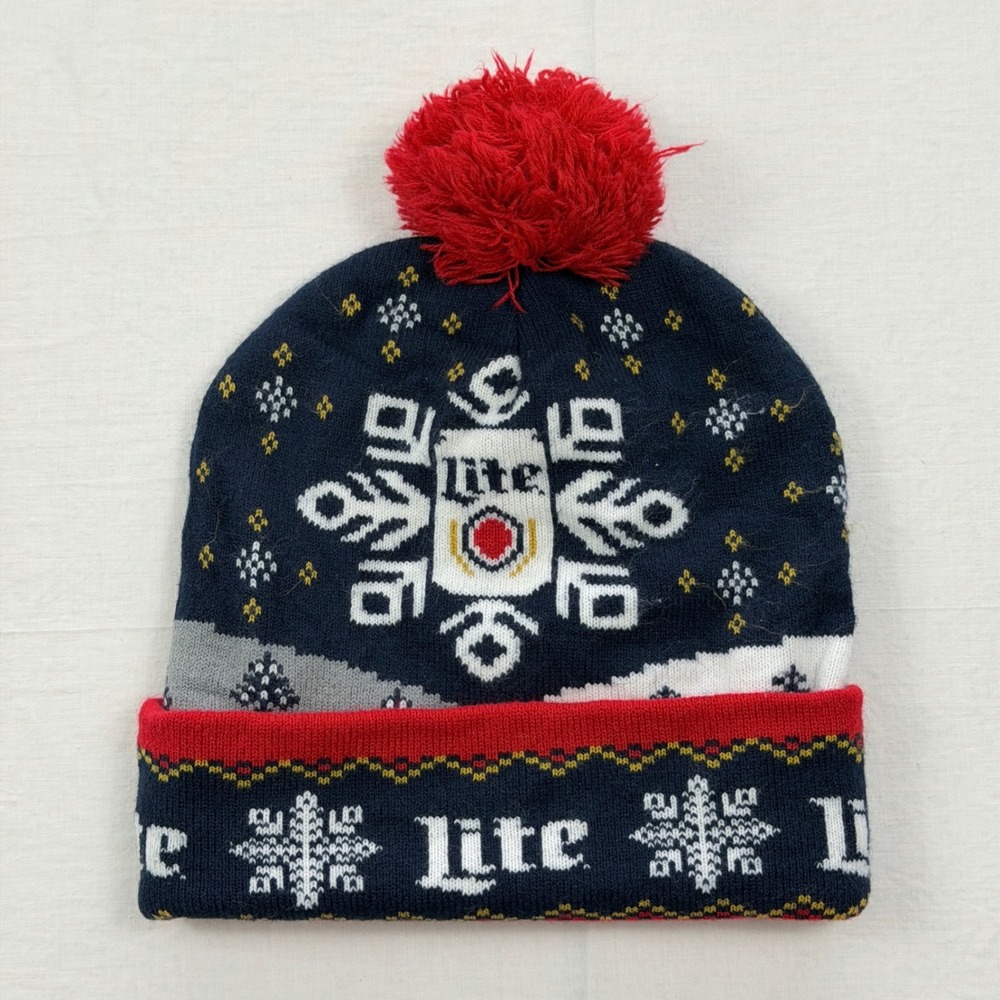 Miller Lite Beanie Hat Unisex OSFM Navy Blue Snowflake Holiday Pom Pom Knit